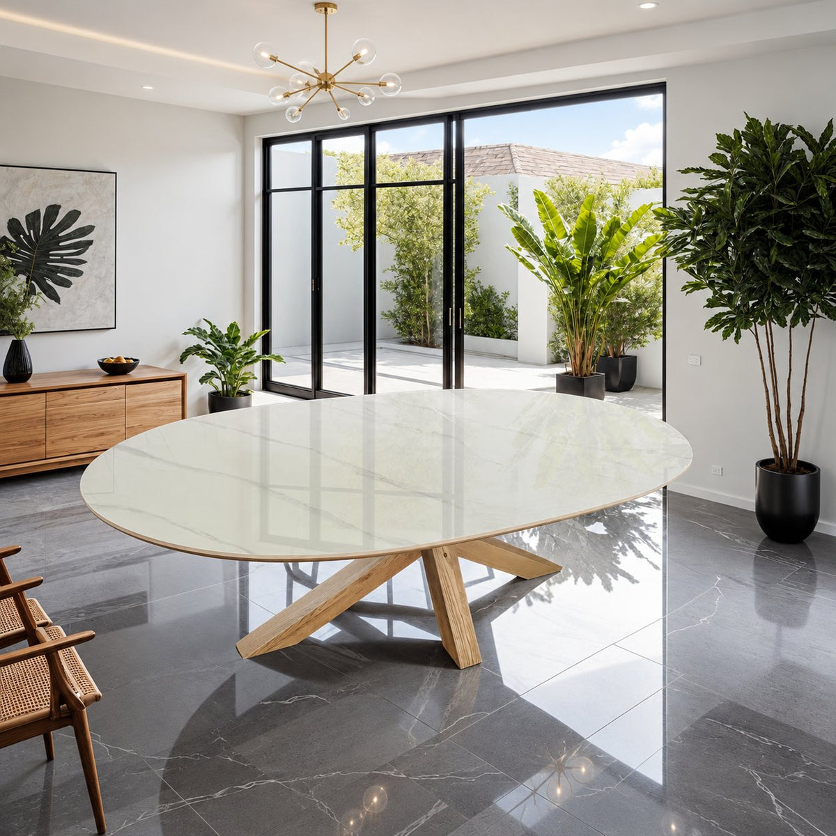 Carlton Furniture Barkington Sintered Stone Dining Table - styled room view of pale oval sintered-stone top and wooden spider base