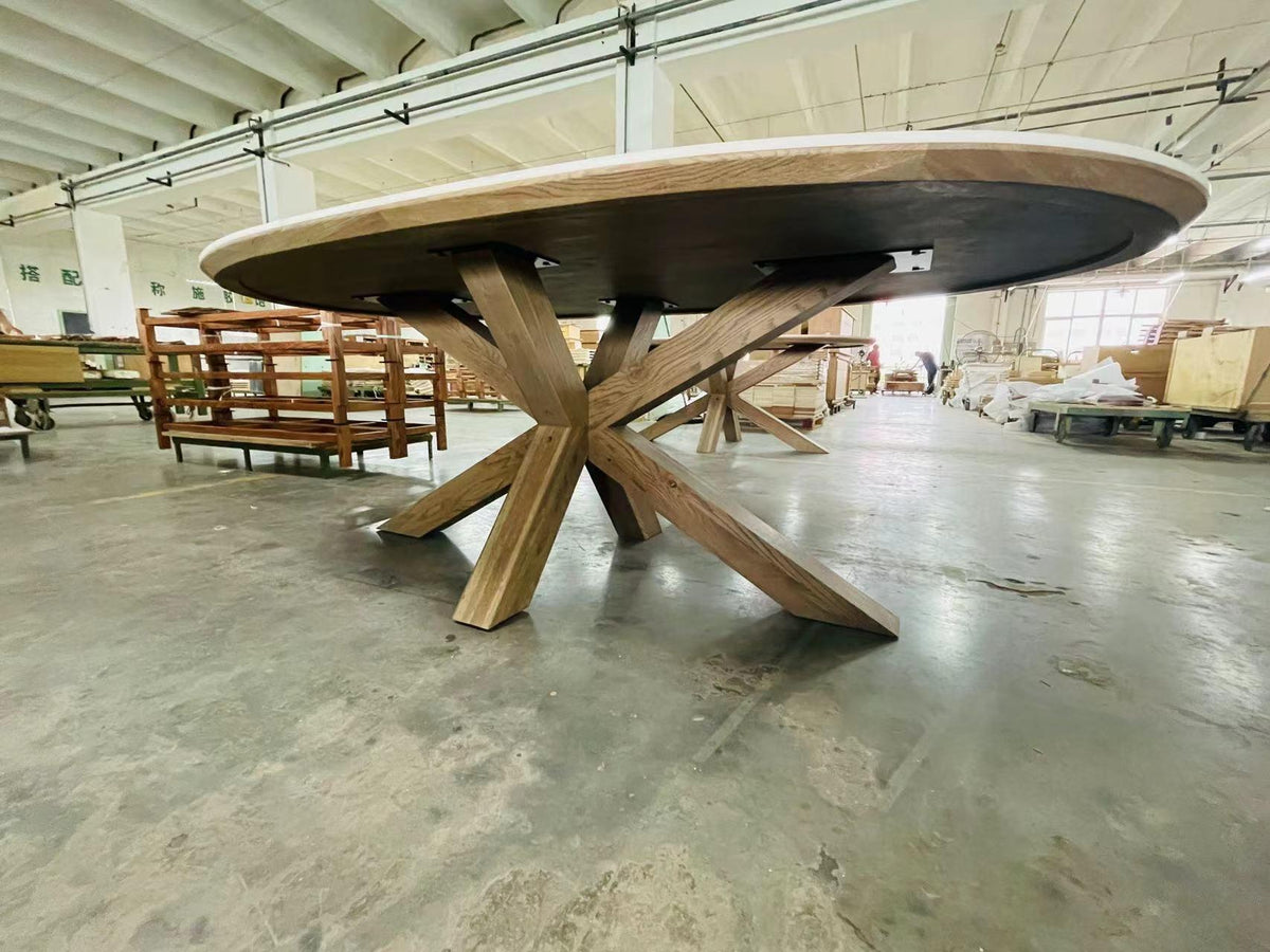 Carlton Furniture Barkington Sintered Stone Dining Table - underside view of sintered-stone table and wooden spider base