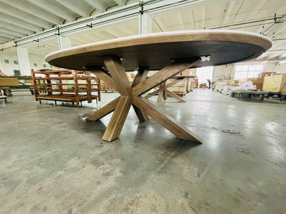 Carlton Furniture Barkington Sintered Stone Dining Table - underside view of sintered-stone table and wooden spider base