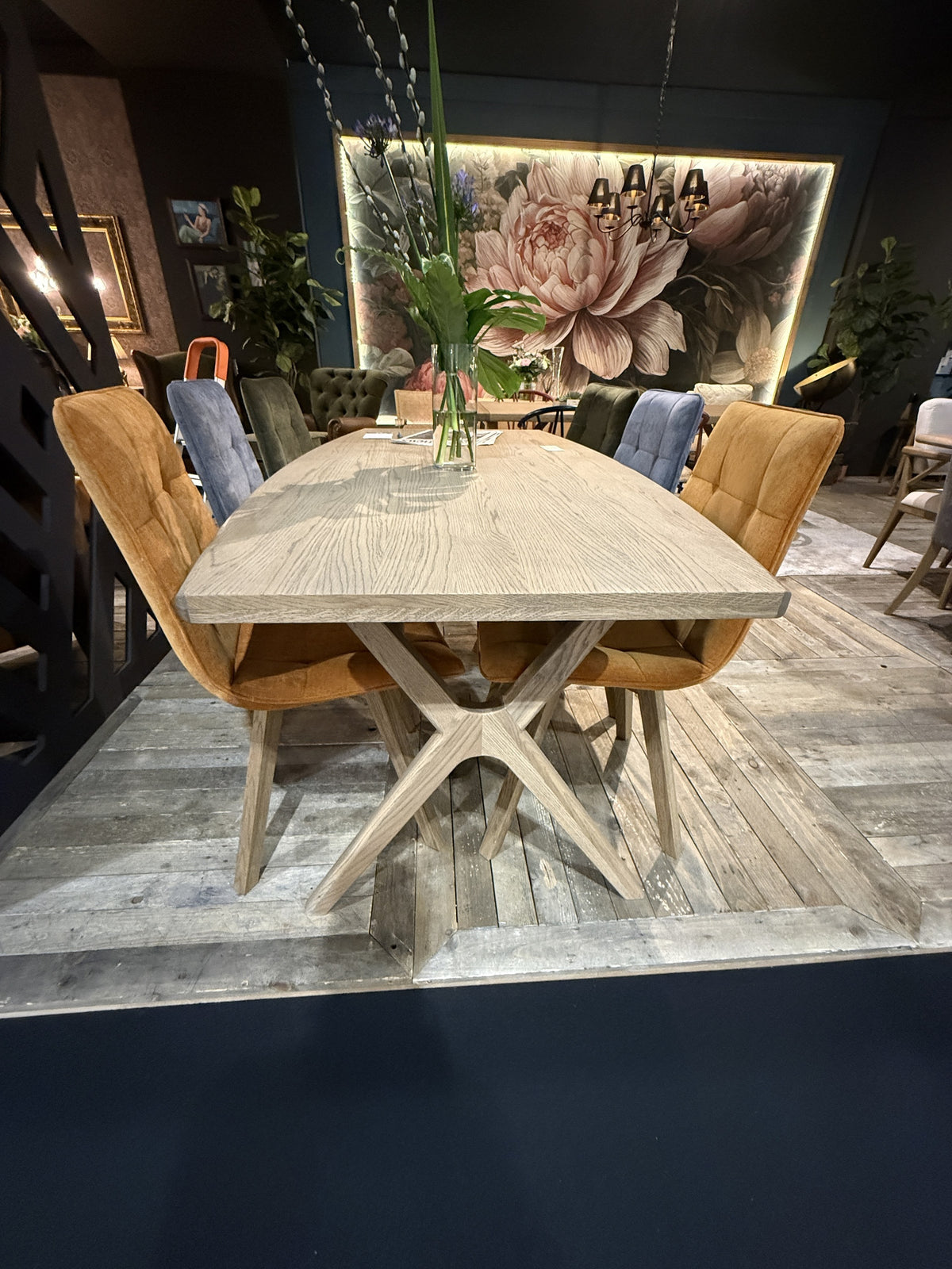 Carlton Furniture Bow Fixed Dining Table with X Legs - Grey Oiled Lipped End Grain — lifestyle setting
