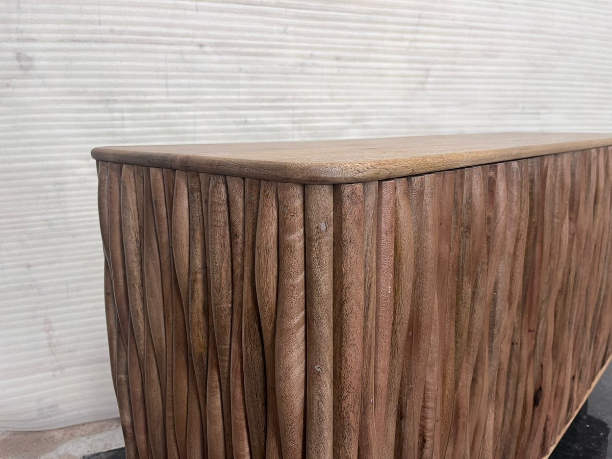 Carlton Furniture Branch - Wooden 3 Door Sideboard — sculpted timber cabinet corner detail