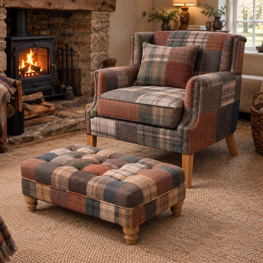 Carlton Furniture Buttoned Footstool in Patchwork with Natural Legs - close room view of buttoned patchwork footstool and natural legs