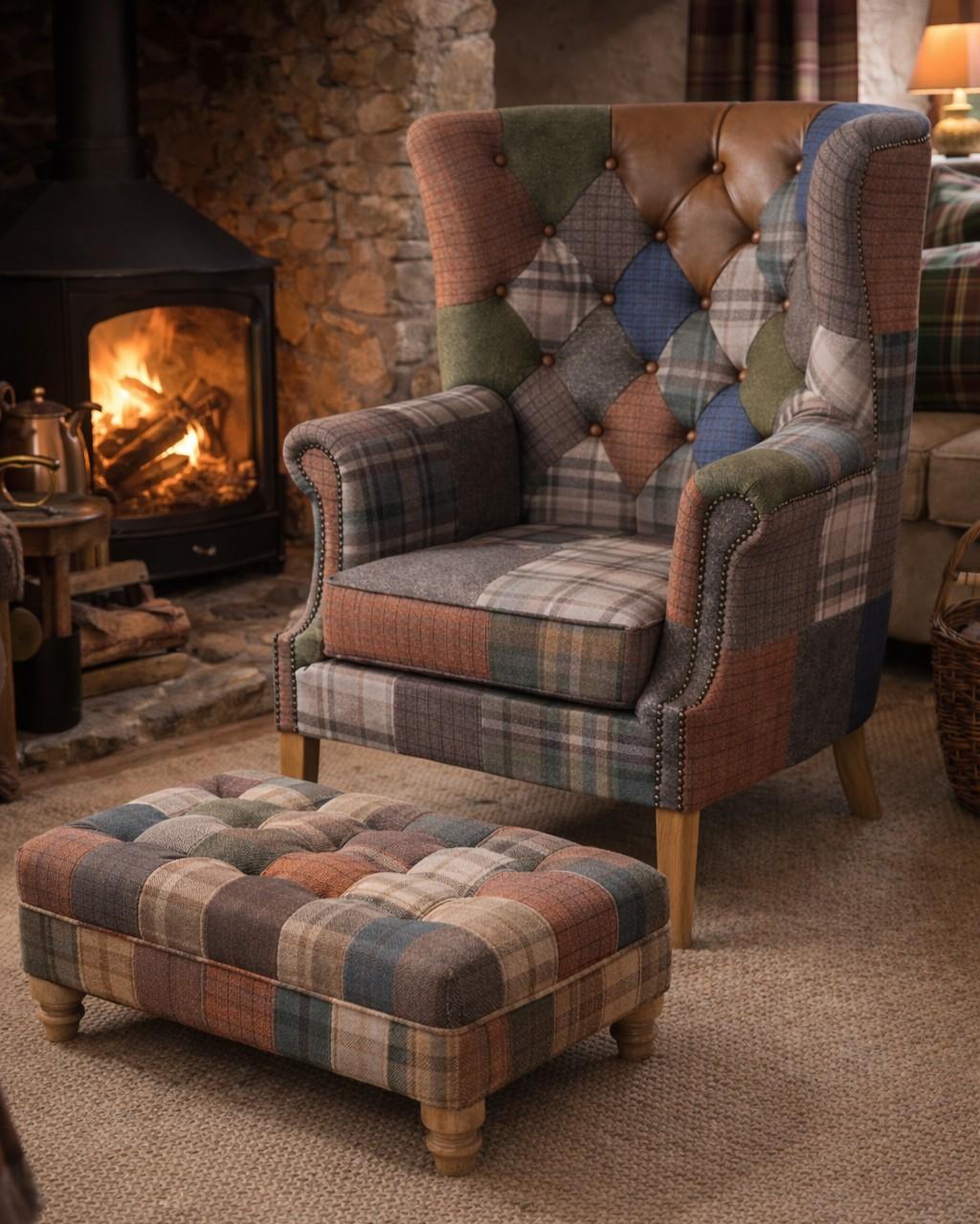 Carlton Furniture Buttoned Footstool in Patchwork with Natural Legs - room view of patchwork footstool beside a wing chair