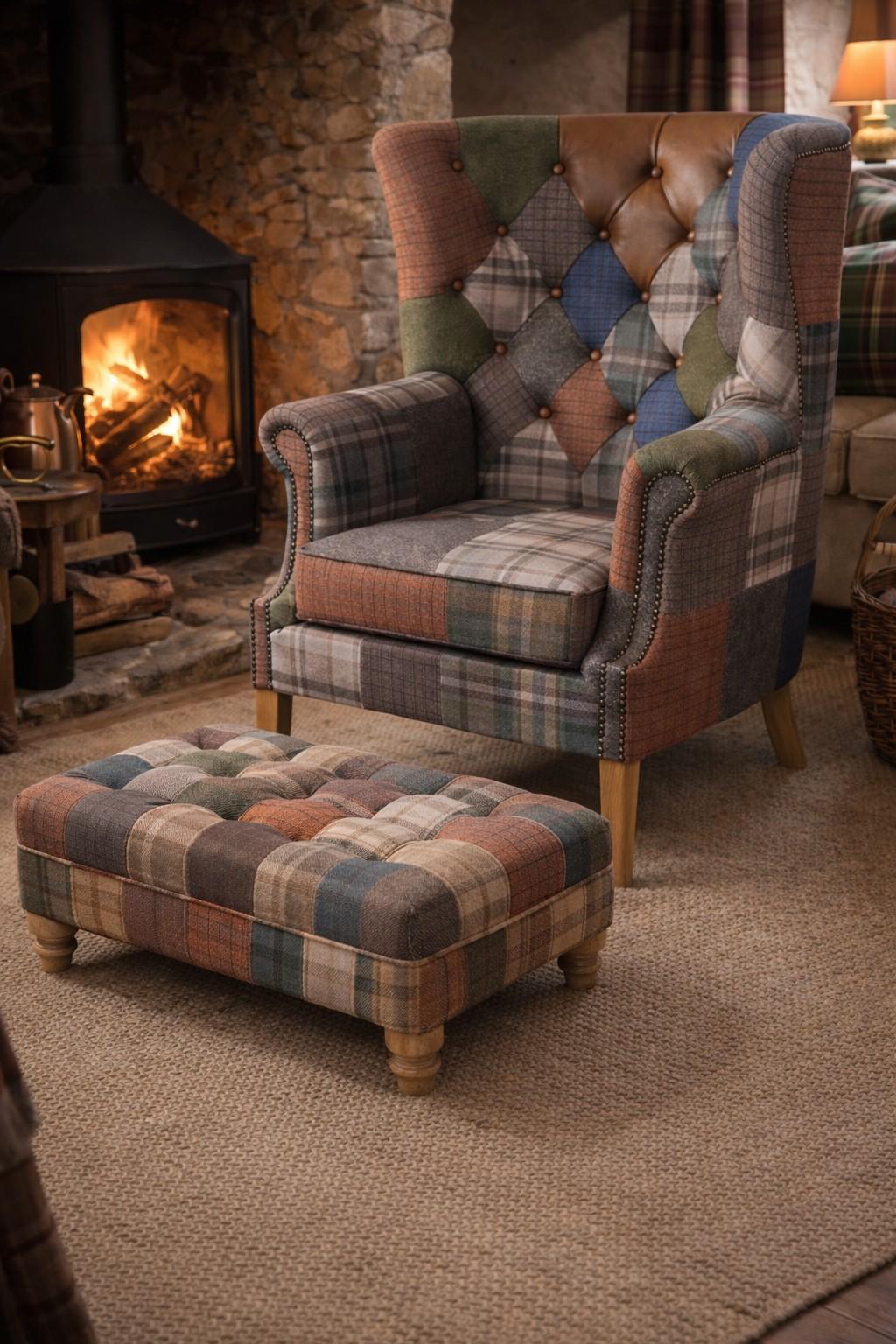Carlton Furniture Buttoned Footstool in Patchwork with Natural Legs - wider room view with patchwork footstool and wing chair