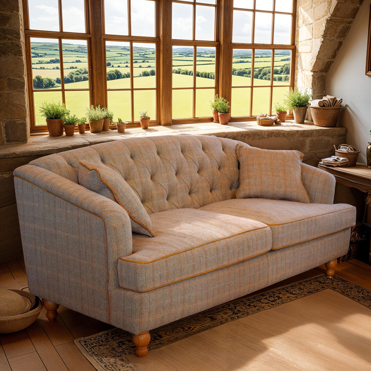 Carlton Furniture Buxton Club 2 Seater Sofa in Harrington Tweed Fellwood Lodge Natural Legs — lifestyle setting