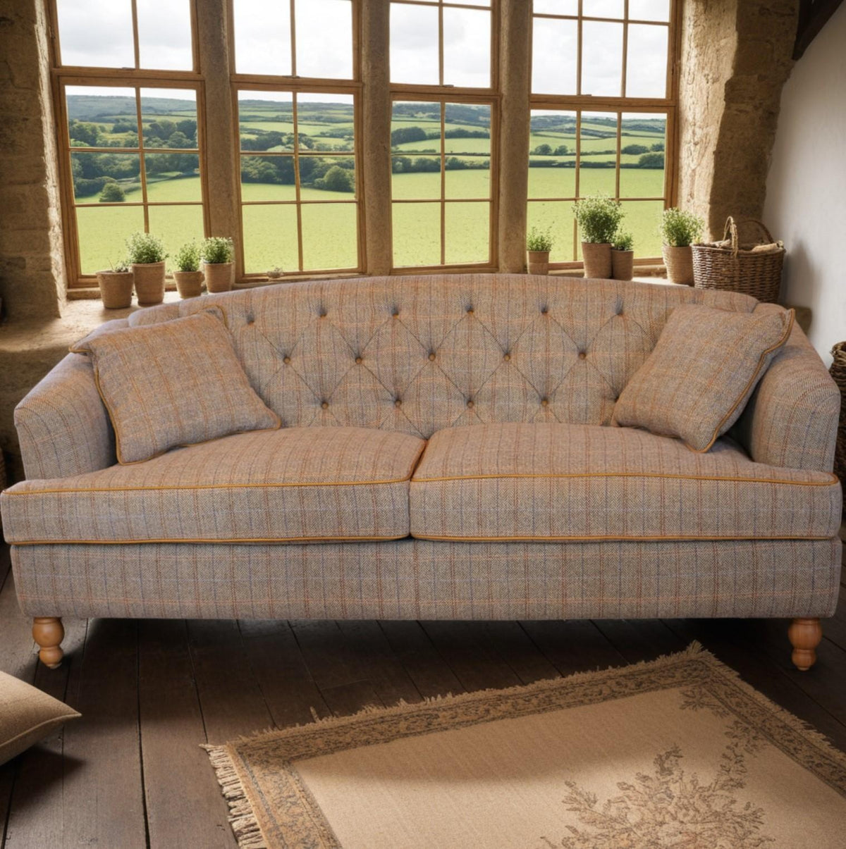 Carlton Furniture Buxton Club 2 Seater Sofa in Harrington Tweed Fellwood Lodge Natural Legs — lifestyle setting