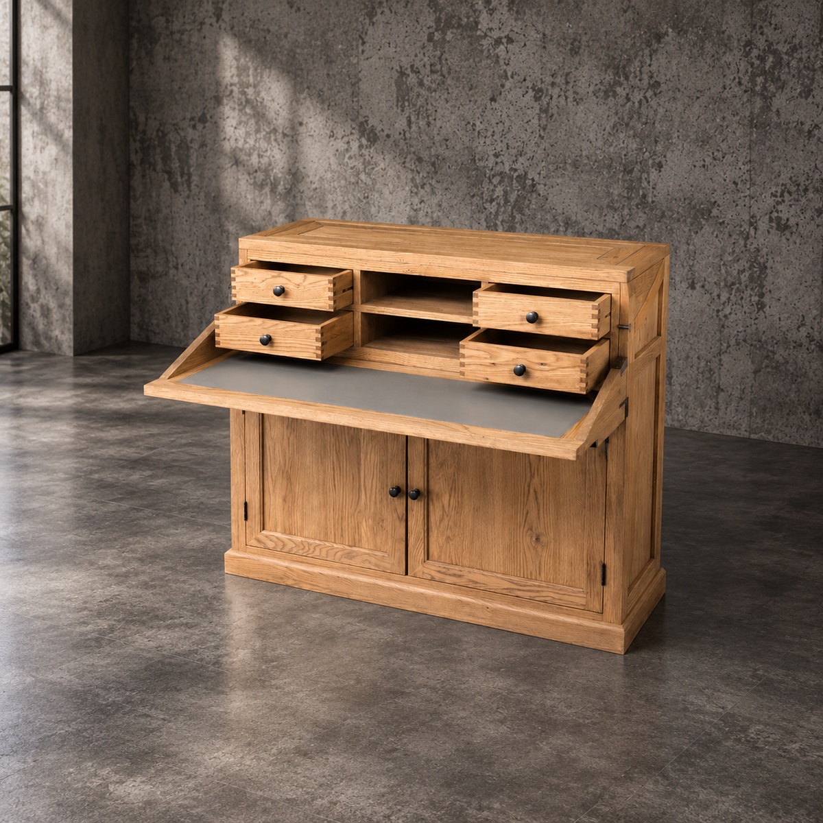 Carlton Furniture Canford Campaign Desk in Grey Oiled Finish shown in a room setting