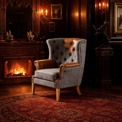 Carlton Furniture Castleton Armchair in Fellwood Lodge Harrington Tweed and Tan Leather - warm room view of tweed wing chair beside a fireplace