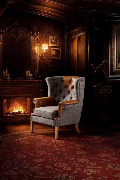 Carlton Furniture Castleton Armchair in Fellwood Lodge Harrington Tweed and Tan Leather - warm room view of tweed wing chair beside a fireplace