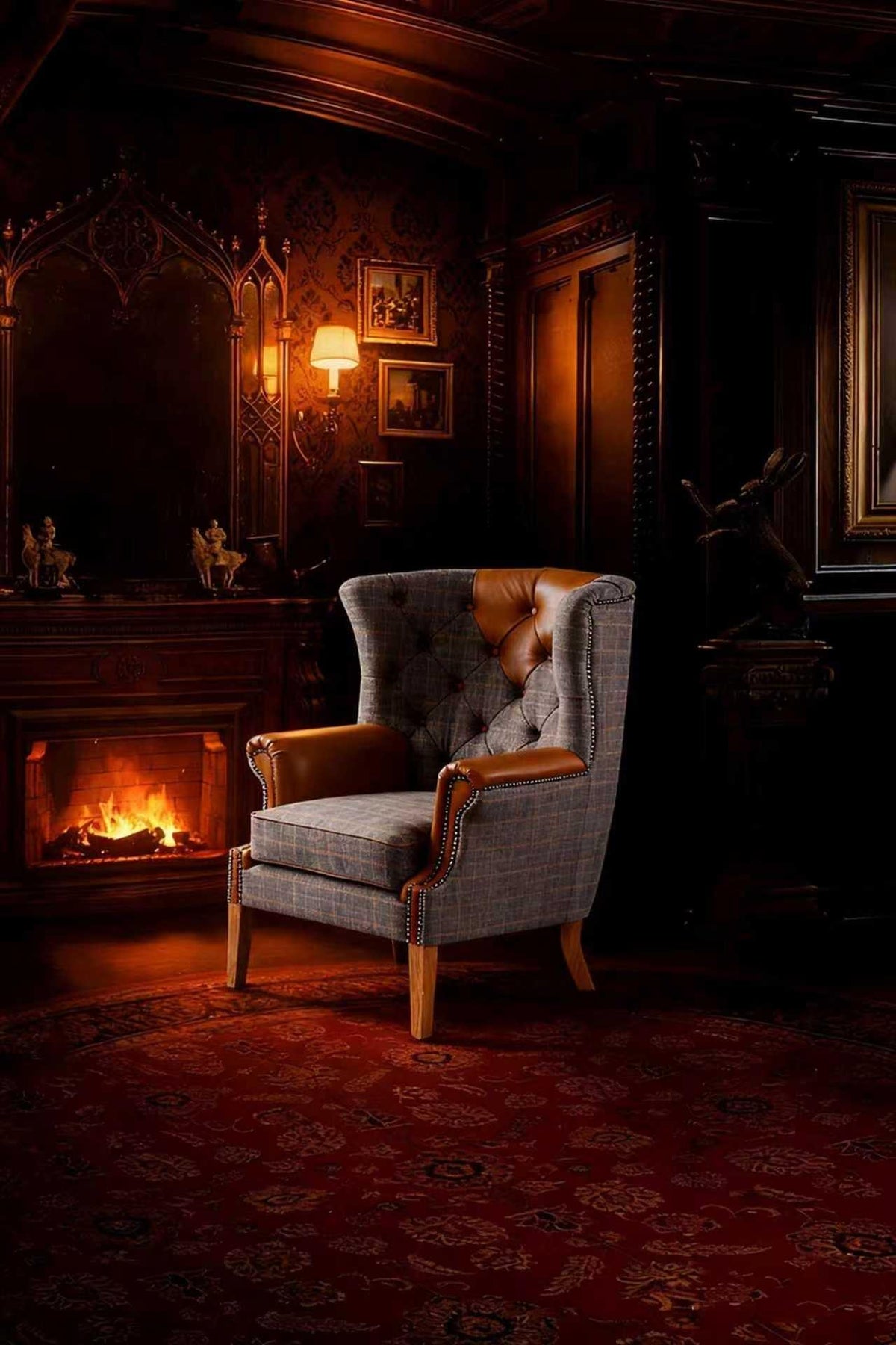 Carlton Furniture Castleton Armchair in Fellwood Lodge Harrington Tweed and Tan Leather - warm room view of tweed wing chair beside a fireplace