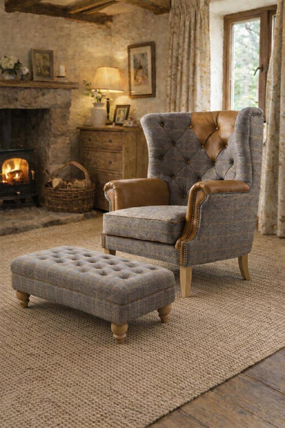 Carlton Furniture Castleton Armchair in Fellwood Lodge Harrington Tweed and Tan Leather - room view of tweed wing chair beside matching footstool