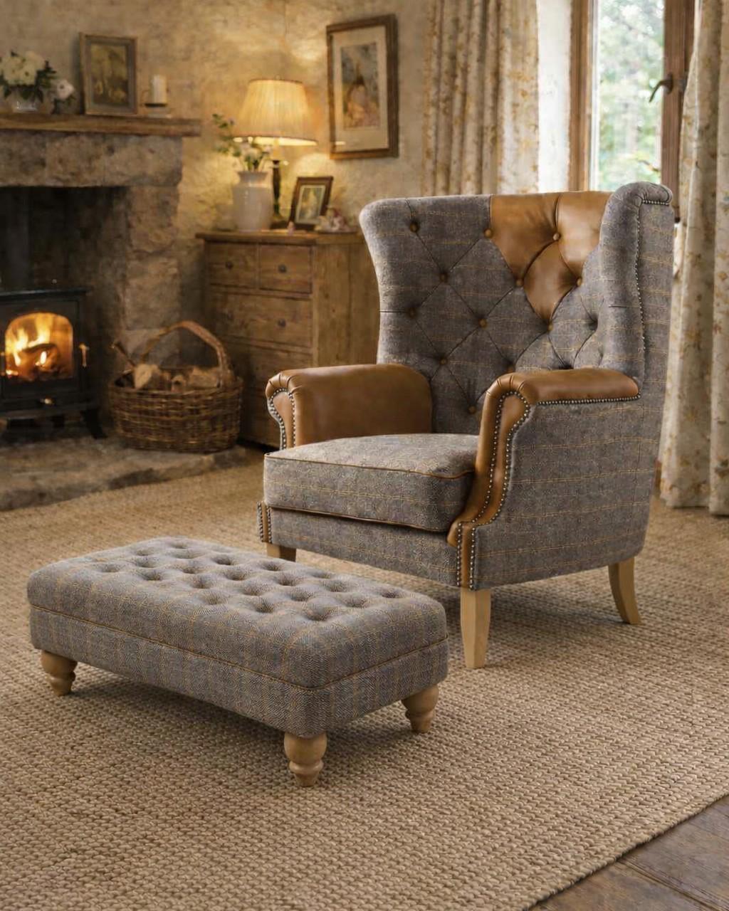 Carlton Furniture Castleton Armchair in Fellwood Lodge Harrington Tweed and Tan Leather - room view of tweed wing chair beside matching footstool