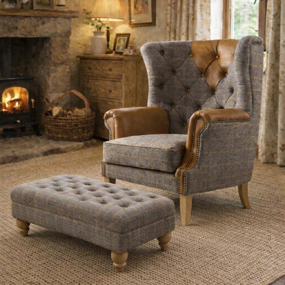 Carlton Furniture Castleton Armchair in Fellwood Lodge Harrington Tweed and Tan Leather - room view of tweed wing chair beside matching footstool
