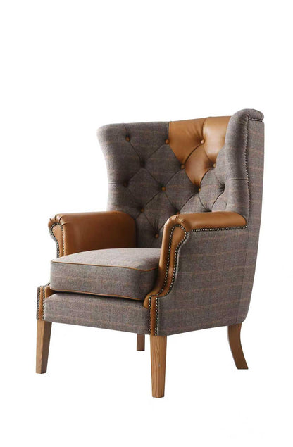 Carlton Furniture Castleton Armchair in Fellwood Lodge Harrington Tweed and Tan Leather - angled white background view of tweed chair and tan leather trims
