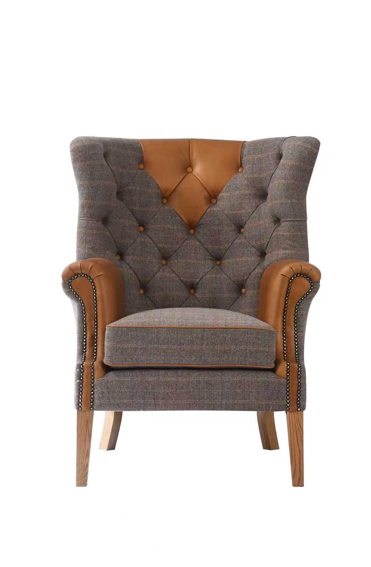 Carlton Furniture Castleton Armchair in Fellwood Lodge Harrington Tweed and Tan Leather - front white background view showing tan leather trims and natural legs