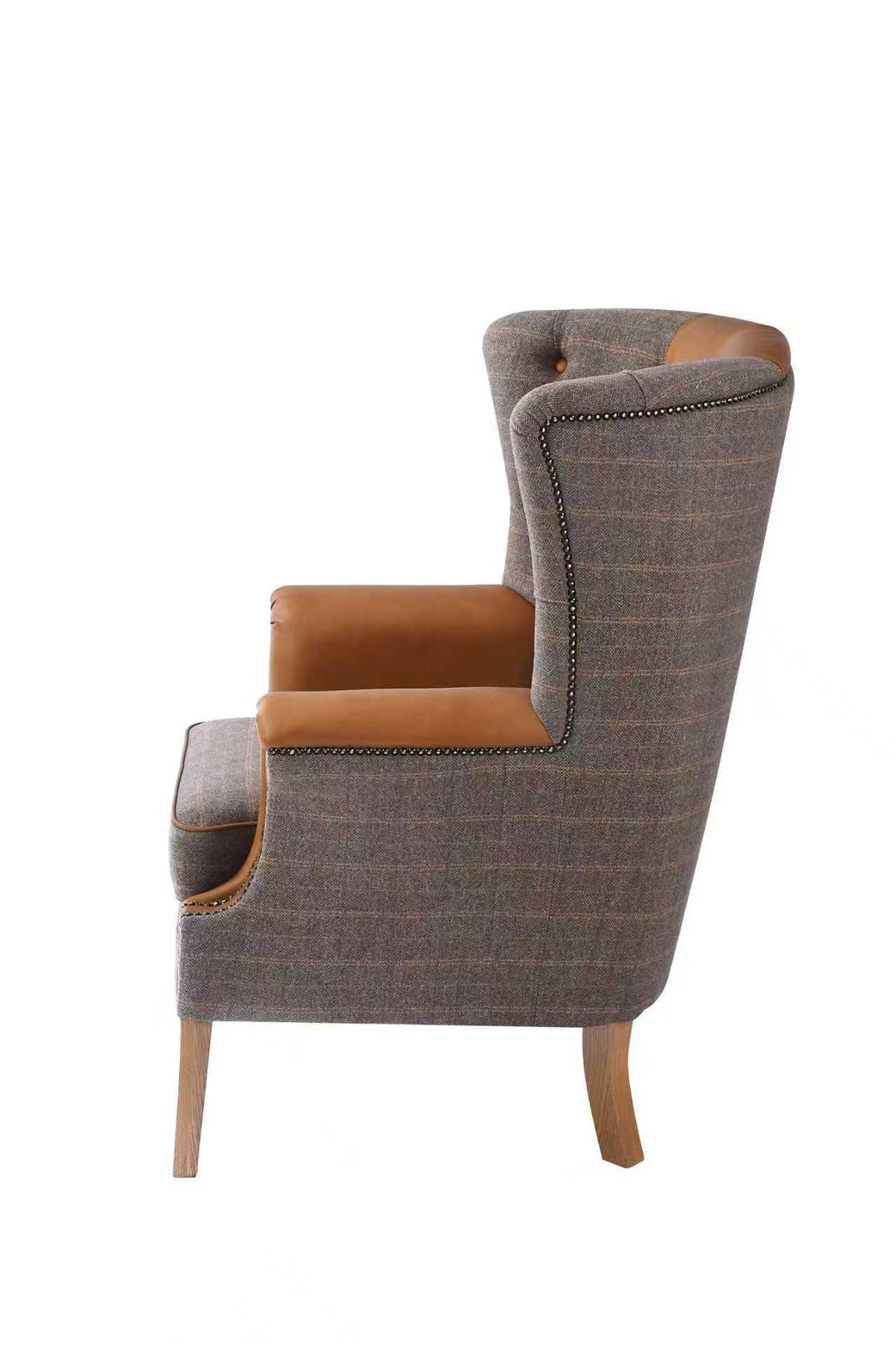 Carlton Furniture Castleton Armchair in Fellwood Lodge Harrington Tweed and Tan Leather - side white background view of winged back and leather arm trim