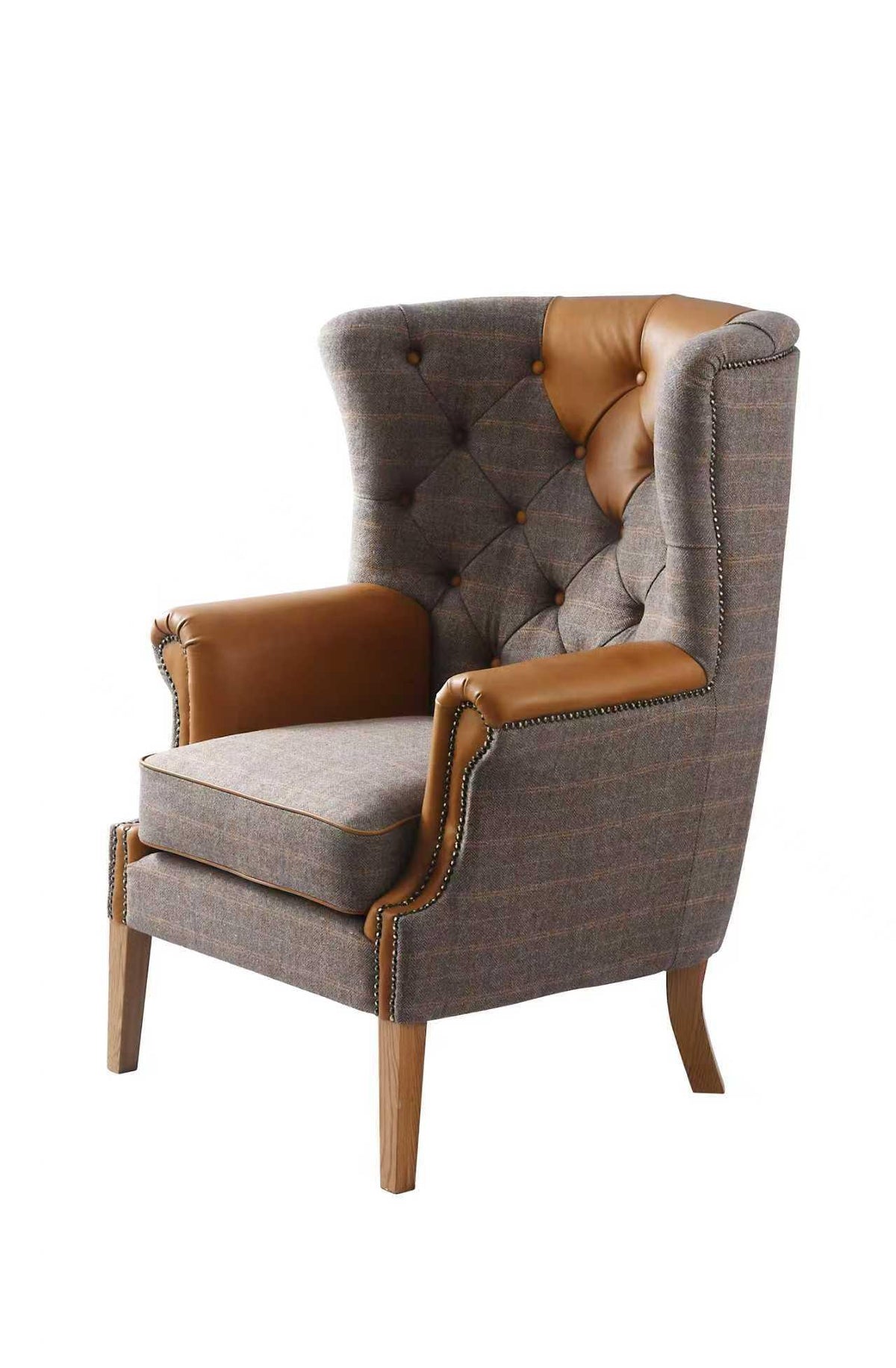 Carlton Furniture Castleton Armchair in Fellwood Lodge Harrington Tweed and Tan Leather - angled white background view of tweed chair and tan leather trims