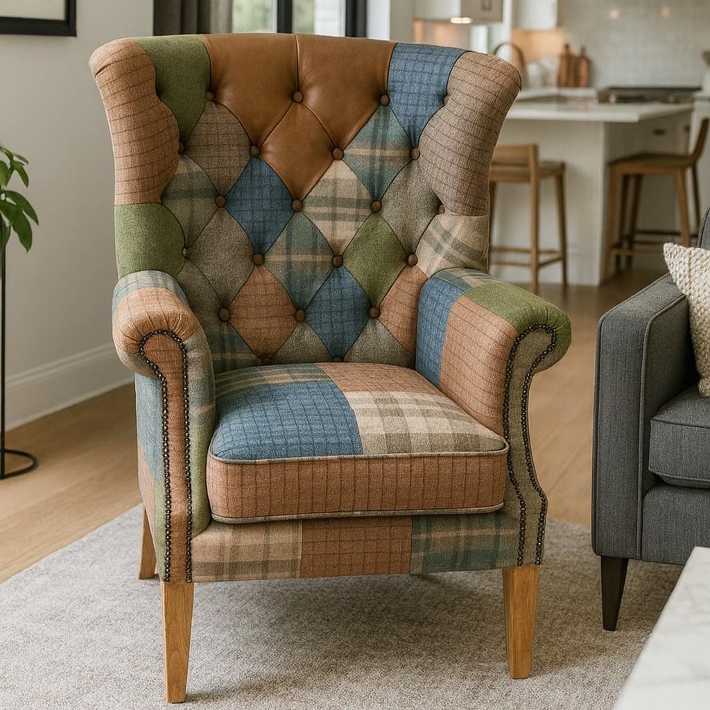 Carlton Furniture Castleton Armchair in Patchwork with Natural Legs - front room view of tall patchwork wing chair and natural legs