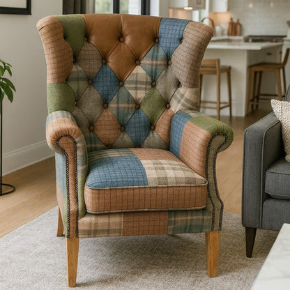 Carlton Furniture Castleton Armchair in Patchwork with Natural Legs - front room view of tall patchwork wing chair and natural legs