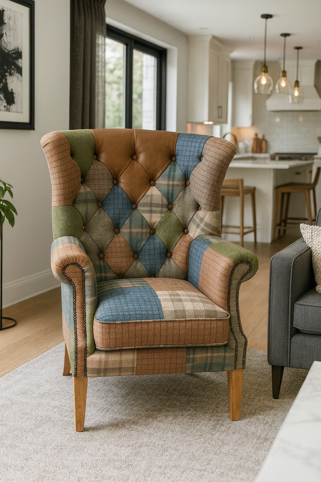 Carlton Furniture Castleton Armchair in Patchwork with Natural Legs - front room view of tall patchwork wing chair and natural legs