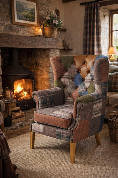 Carlton Furniture Castleton Armchair in Patchwork with Natural Legs - warm room view of patchwork wing chair with studded arms