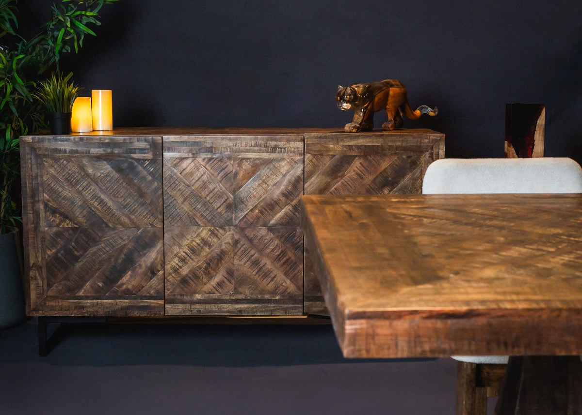 Carlton Furniture Charlbury Dining Table with Pondi Legs — tabletop and coordinating sideboard detail