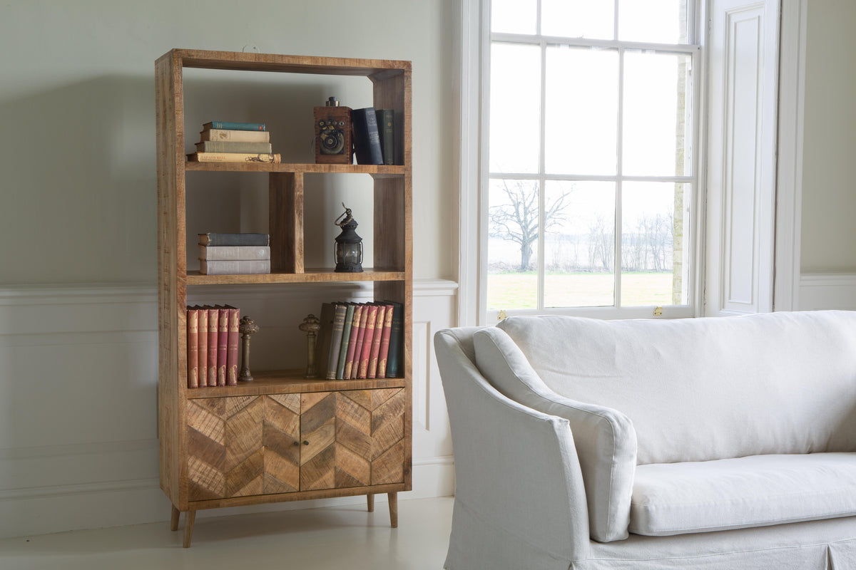 Carlton Furniture Chevron Bookcase with 2 Door in Natural Finish — lifestyle setting
