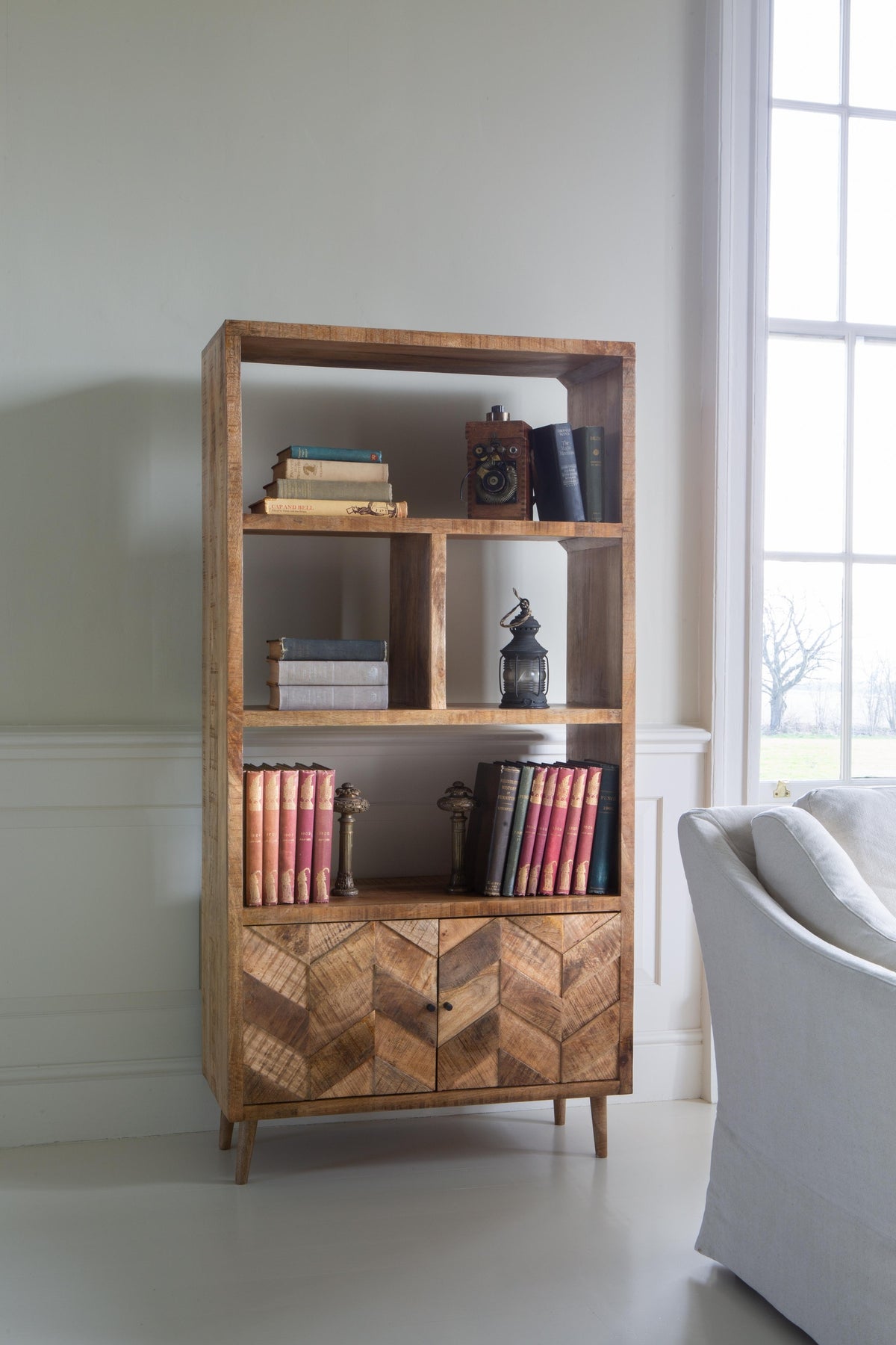 Carlton Furniture Chevron Bookcase with 2 Door in Natural Finish — lifestyle setting