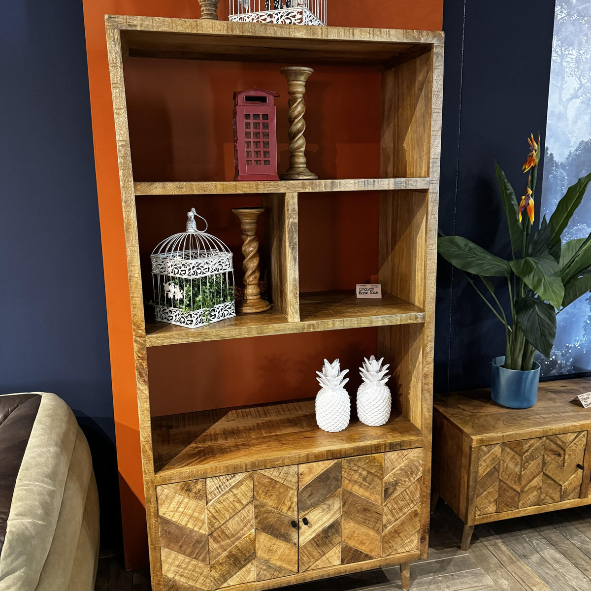 Carlton Furniture Chevron Bookcase with 2 Door in Natural Finish — lifestyle setting