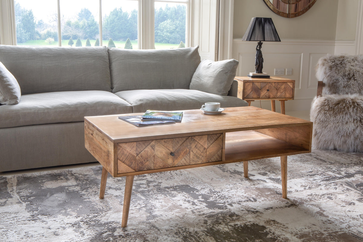 Carlton Furniture Chevron Coffee Table 1 Drawer In Natural Finish — lifestyle setting