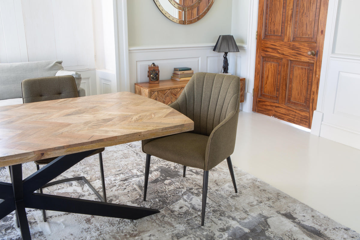 Carlton Furniture Chevron Dining Table in Natural Finish — tabletop and metal base detail