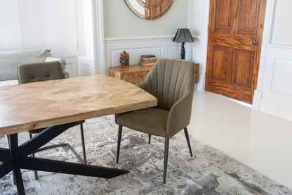 Carlton Furniture Chevron Dining Table in Natural Finish — tabletop and metal base detail