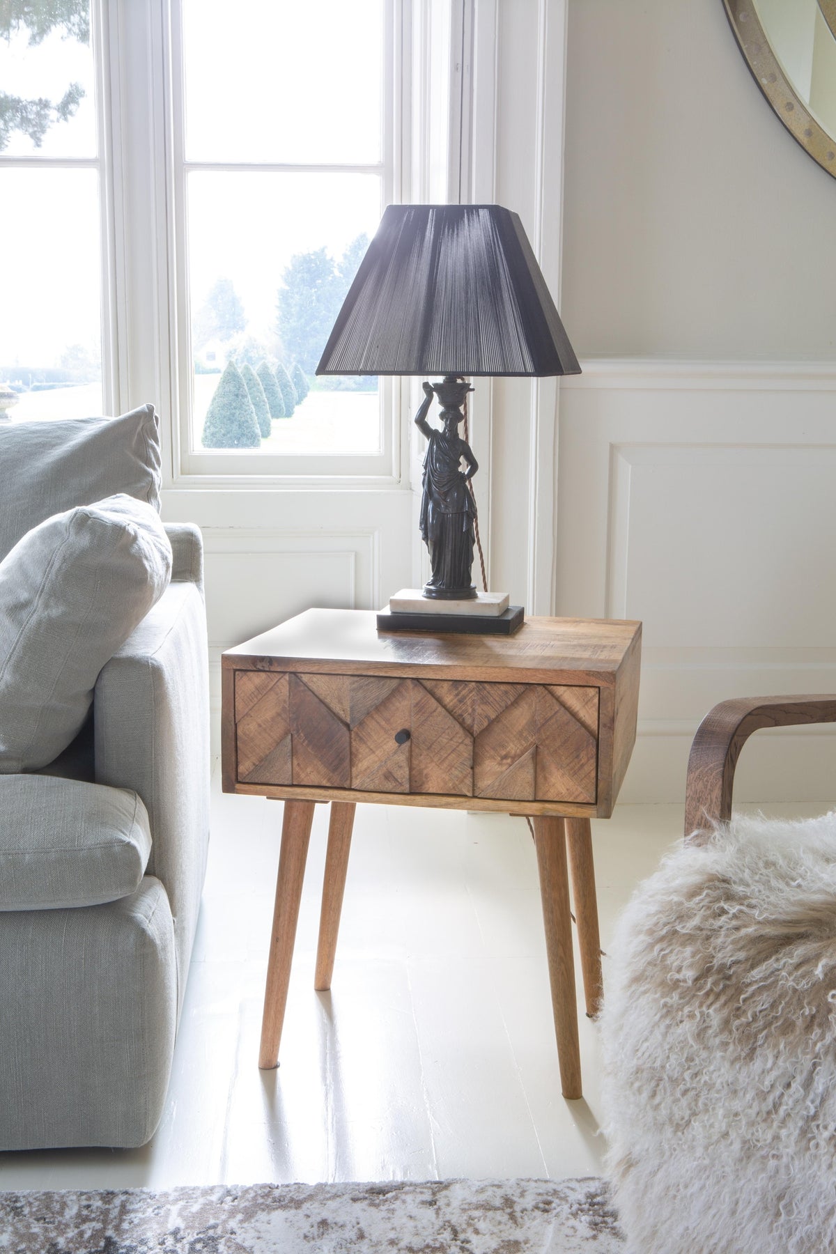 Carlton Furniture Chevron Lamp Table 1 drawer in Natural Finish — lifestyle setting