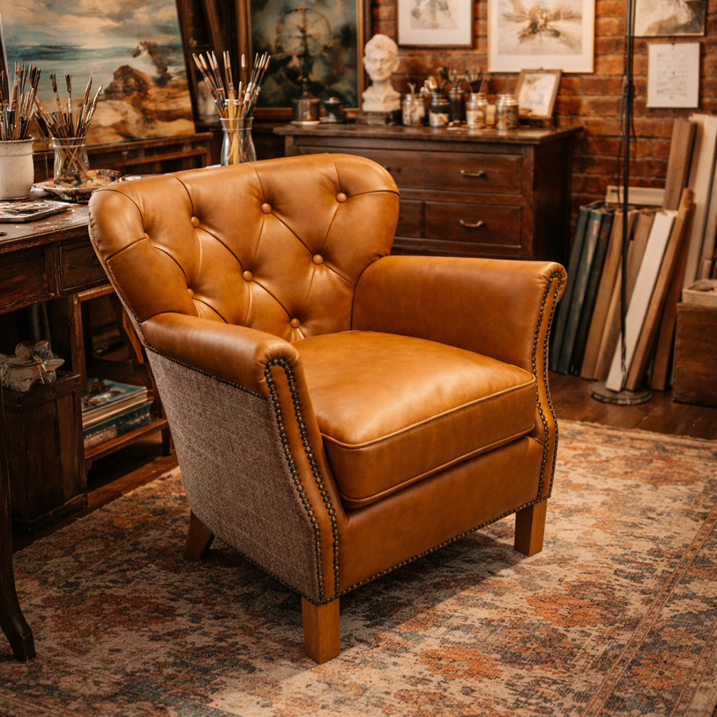 Carlton Furniture Dean Chair Buttoned Back in Harrington Tweed Fellwood Lodge Natural Legs — lifestyle setting