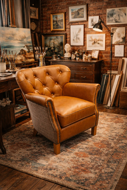 Carlton Furniture Dean Chair Buttoned Back in Harrington Tweed Fellwood Lodge Natural Legs — lifestyle setting