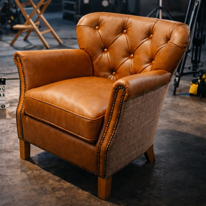 Carlton Furniture Dean Chair Buttoned Back in Harrington Tweed Fellwood Lodge Natural Legs — lifestyle setting