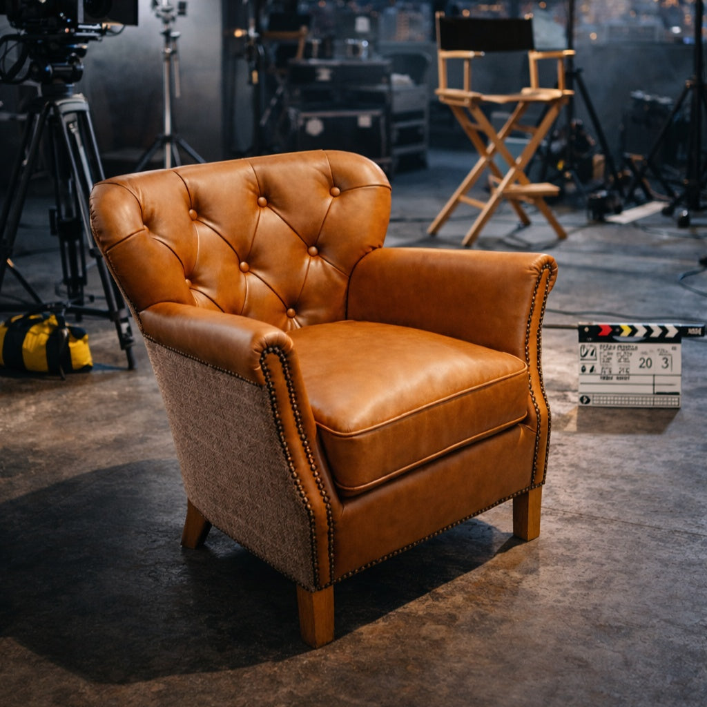 Carlton Furniture Dean Chair Buttoned Back in Harrington Tweed Fellwood Lodge Natural Legs — lifestyle setting