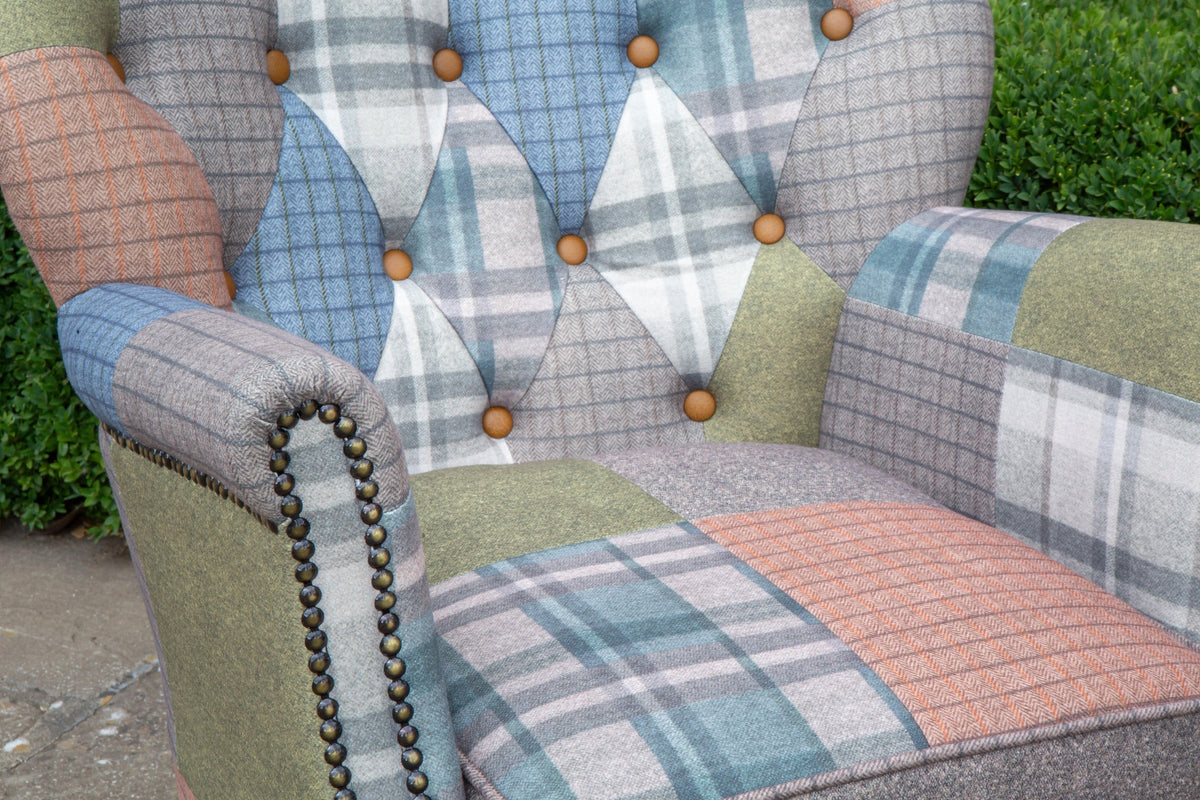 Carlton Furniture Dean Chair in Patchwork W10 Legs — buttoned patchwork upholstery detail