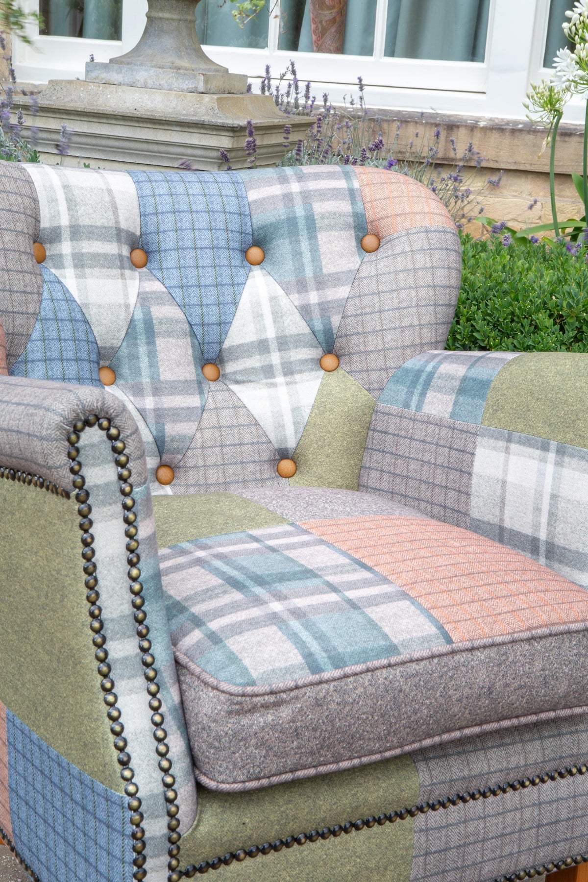 Carlton Furniture Dean Chair in Patchwork W10 Legs — patchwork seat and arm detail