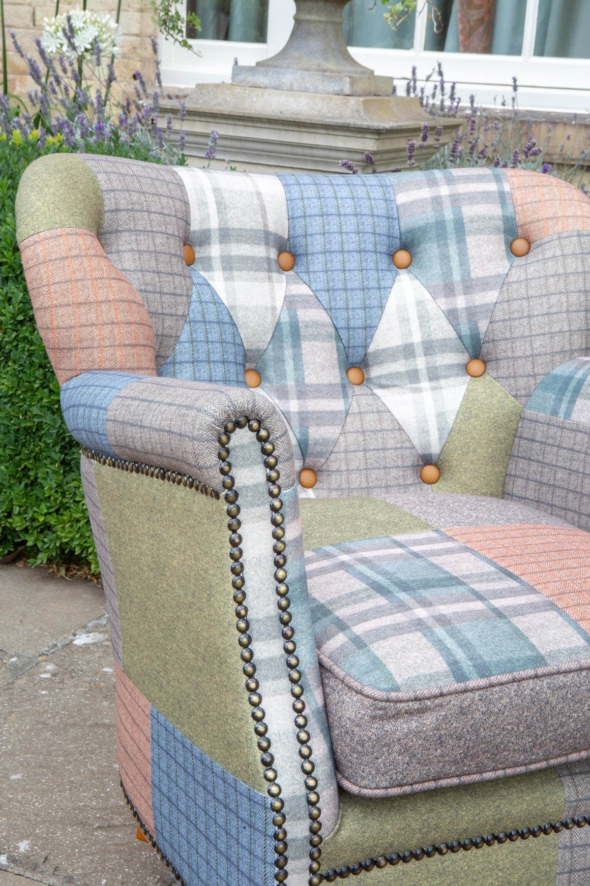 Carlton Furniture Dean Chair in Patchwork W10 Legs — patchwork upholstery and arm detail