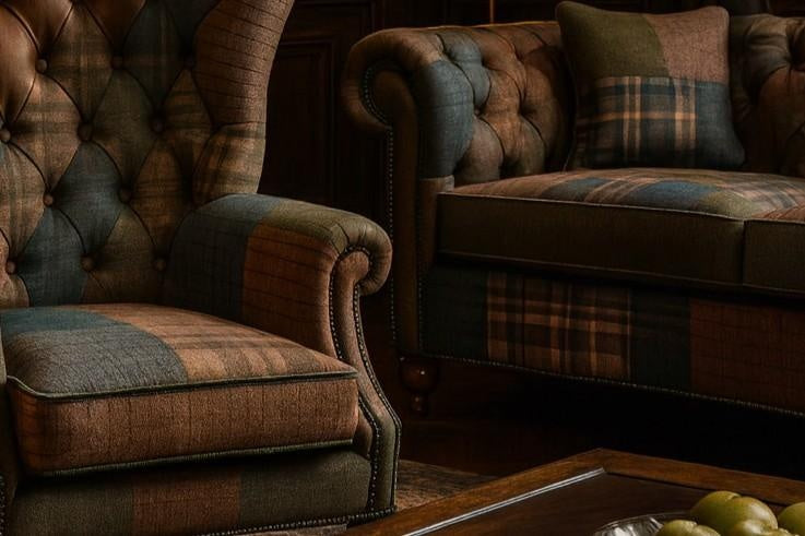 Carlton Furniture Edale 2 Seater Sofa in Patchwork Natural Legs — patchwork sofa and coordinating chair detail