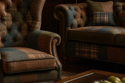 Carlton Furniture Edale 2 Seater Sofa in Patchwork Natural Legs — patchwork sofa and coordinating chair detail