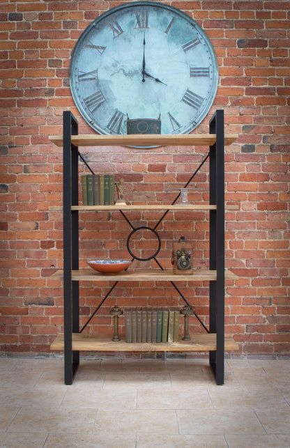 Carlton Furniture Fluted Line X-O Metal Bookcase - room view of wooden shelves and black metal frame against a brick wall