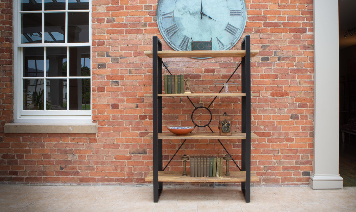 Carlton Furniture Fluted Line X-O Metal Bookcase - room view of wooden shelves and black metal frame against a brick wall