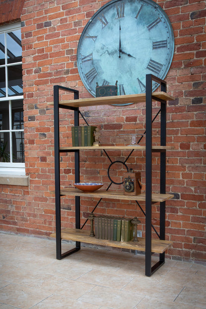 Carlton Furniture Fluted Line X-O Metal Bookcase - room view of wooden shelves and black metal frame against a brick wall