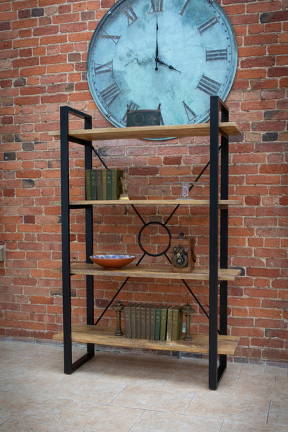 Carlton Furniture Fluted Line X-O Metal Bookcase - room view of wooden shelves and black metal frame against a brick wall