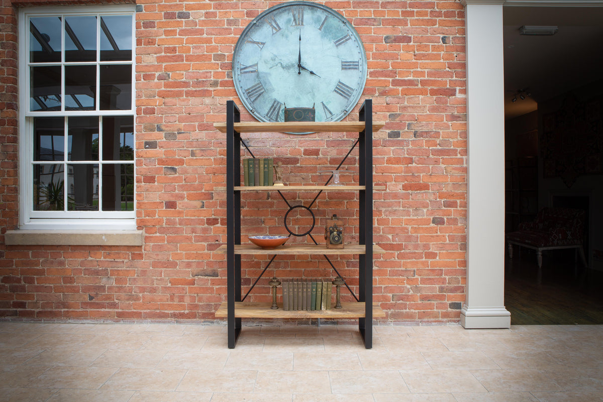 Carlton Furniture Fluted Line X-O Metal Bookcase - room view of wooden shelves and black metal frame against a brick wall