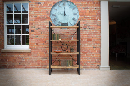 Carlton Furniture Fluted Line X-O Metal Bookcase - room view of wooden shelves and black metal frame against a brick wall