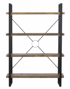 Carlton Furniture Fluted Line X-O Metal Bookcase - front white background view of four wooden shelves and X-O metal bracing