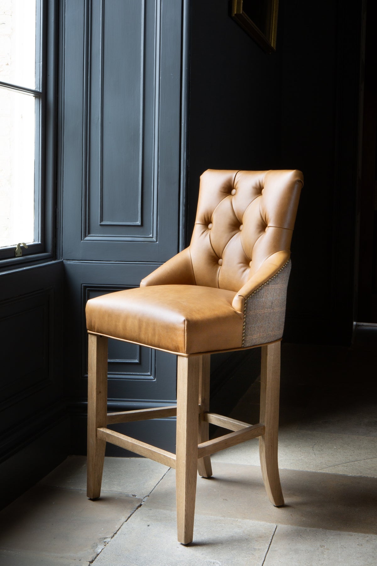 Carlton Furniture Genoa Barstool in Tan leather and Harrington Wool - Wood Legs in Natural finish — lifestyle setting